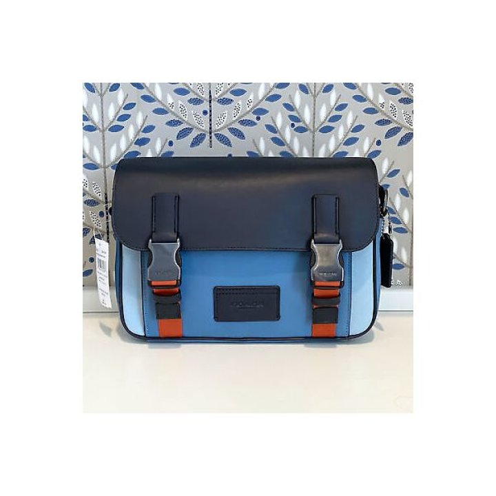 Coach Track Leather Crossbody Messenger Bag in Colorblock Blue Navy Orange  