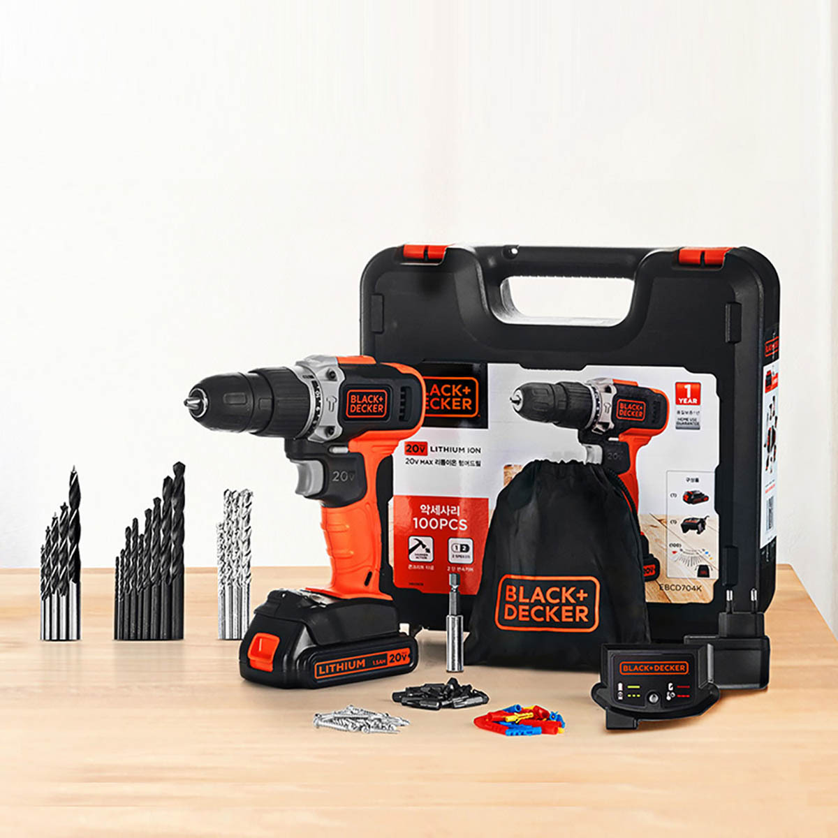 본체 블랙앤데커 20V 햄머드릴 (100PCS 액세서리포함) 무선 타공 전동 휴대용 공구가방
