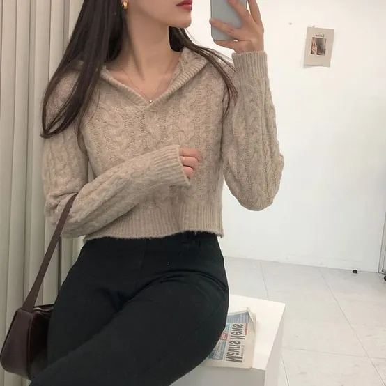 케이블 크롭 후드 니트_체리체리