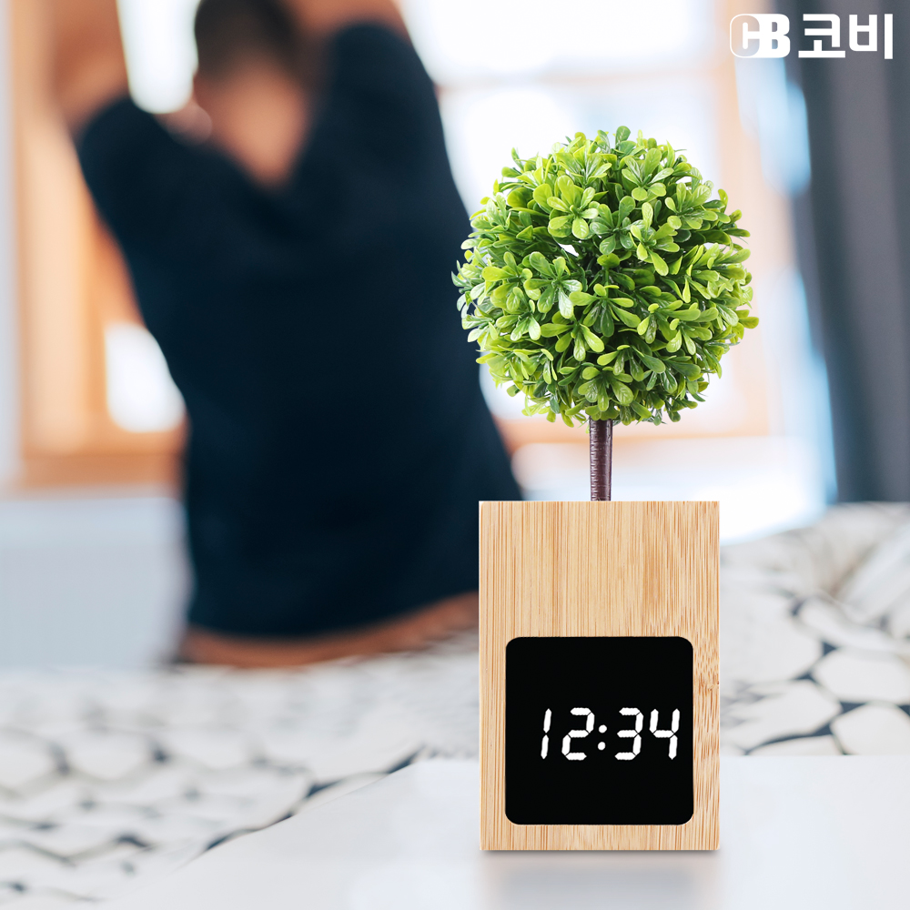 코비 리얼대나무 무소음 LED 알람시계 탁상시계 거울 인테리어소품 BL50