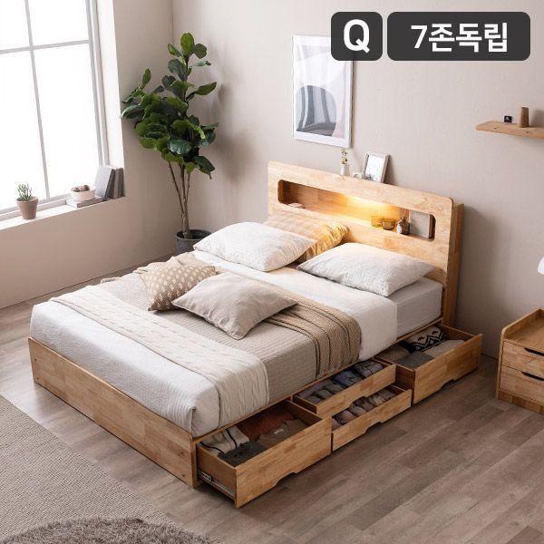 삼익가구 포텐 LED 4단 수납 원목 침대(YS 7존 독립스프링 매트리스-퀸)