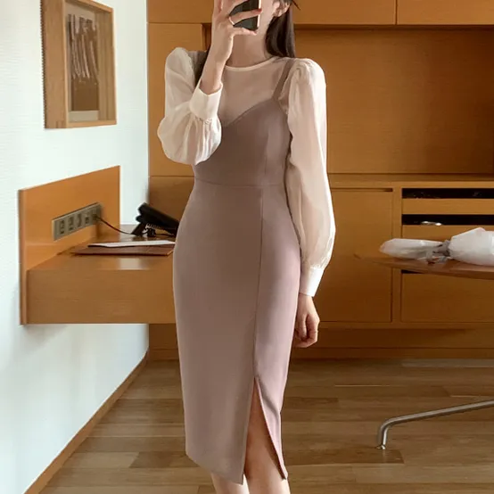 하트넥 사이드 슬릿 슬림 서스펜더 원피스 dress op6572
