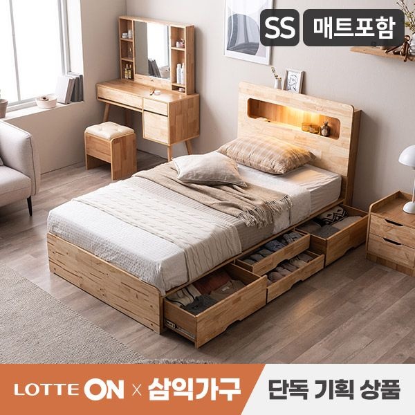 삼익가구 [단독특가] 포텐 LED 수납 원목 침대(7존 독립스프링 매트리스-슈퍼싱글)